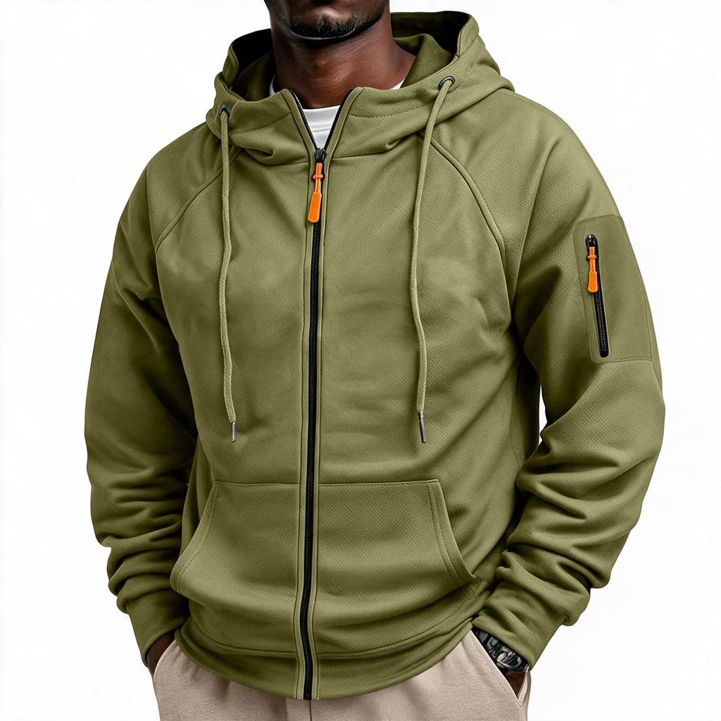 Men's Zip-Up Hooded Jacket with Raglan Sleeves for Fitness and Casual Wear