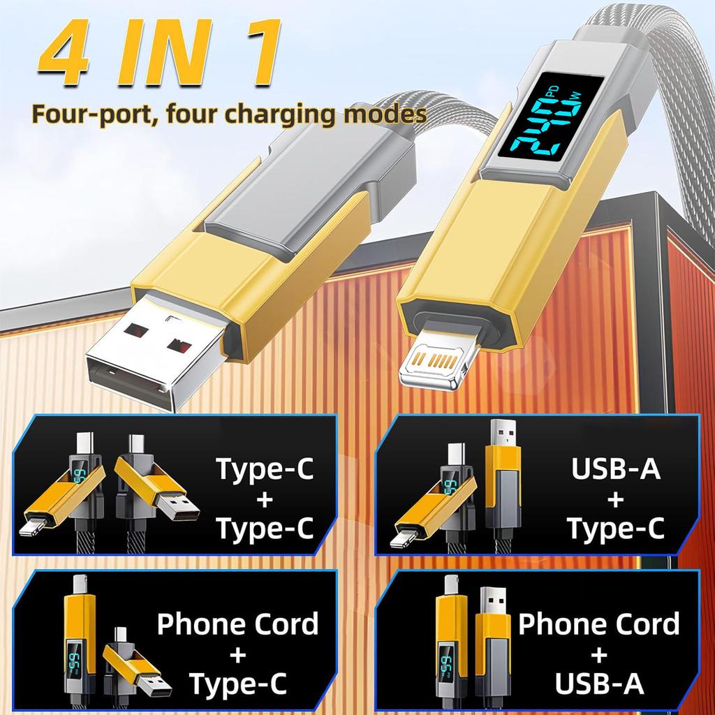 4-in-1USB Cable Type C PD Fast Charging Wire With Digital Display For iPhone Macbook iPad Samsung Xiaomi Type C Lighting Cable