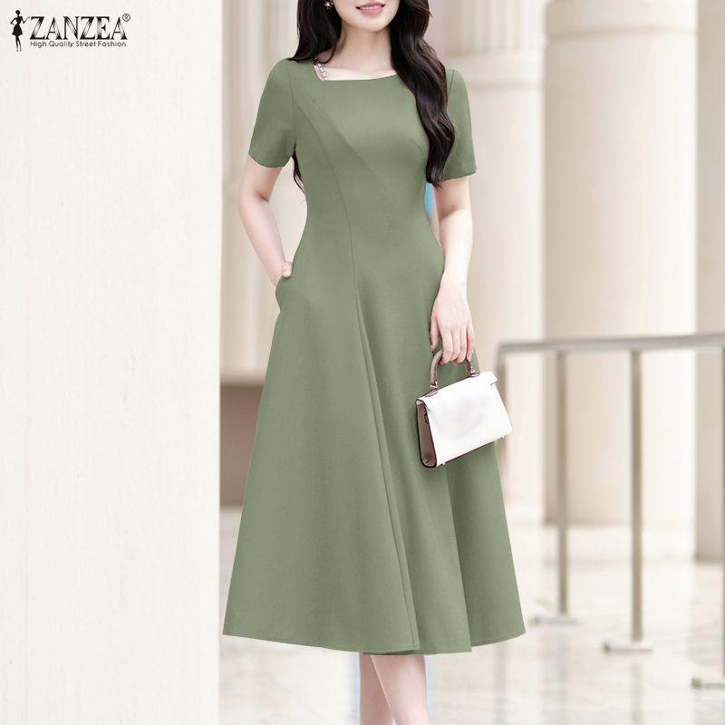 ZANZEA Women Casual Round Neck Solid Color Summer Short Sleeve Dress