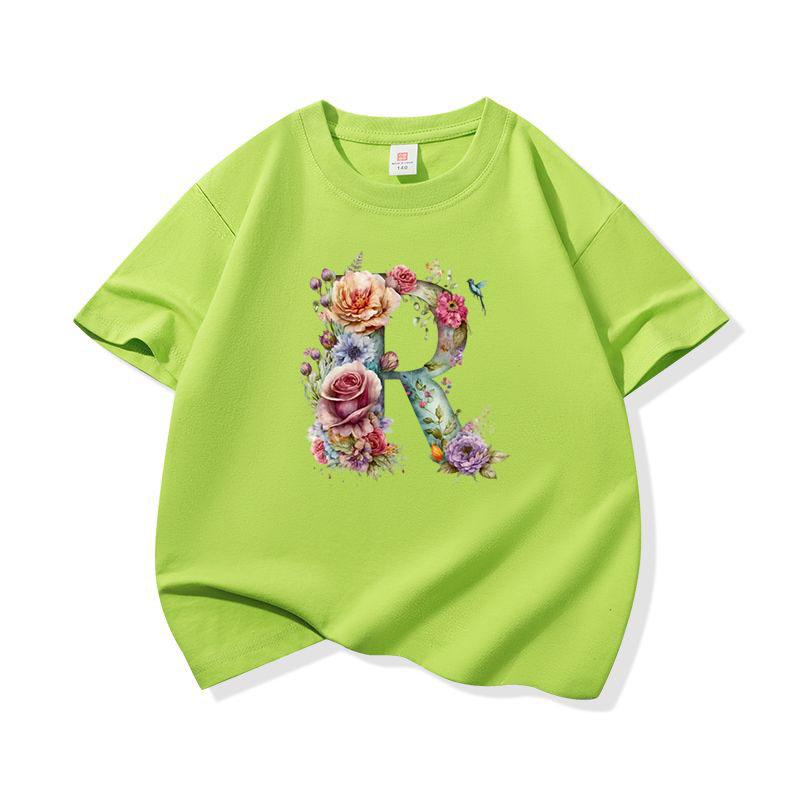 Kids Cotton T Shirt Floral Letter R Print Crew Neck Short Sleeve Tee Casual Boys Girls Summer Tops