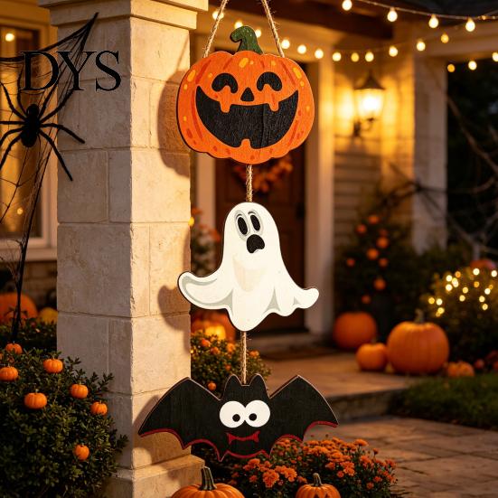 Indoor Party Atmosphere Sign Halloween Wooden Hanging Ornament, Jack-o'-Lantern Ghost Bat 3-Tier String Door Hanger, Cute Easy Install Hemp Rope Wood