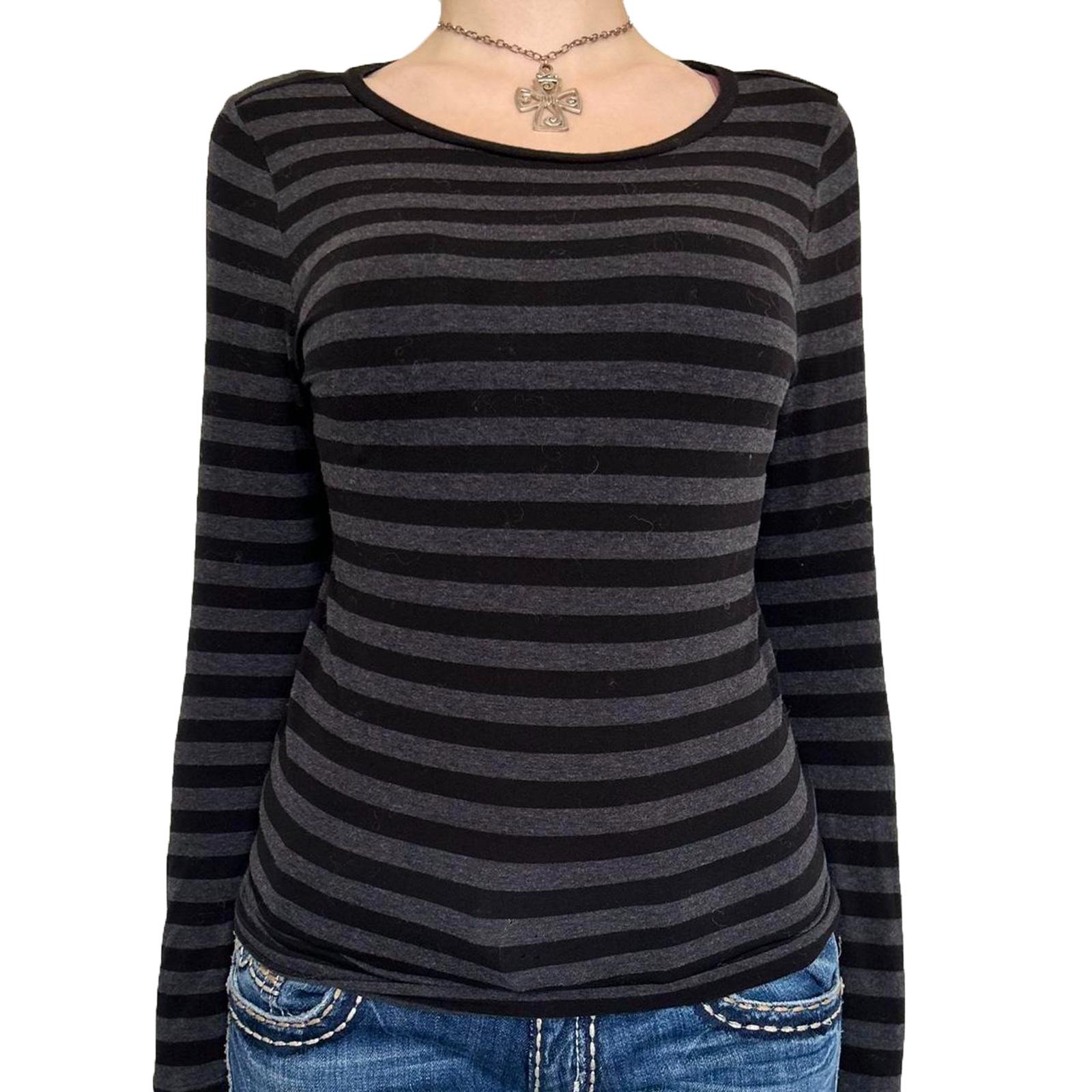 

Европейская и американская женская приталенная футболка с длинным рукавом в полоску - Универсальная и стильная базовая вещь Small чёрный