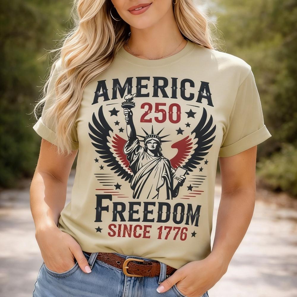 America 250 Freedom Since 1776 Winged Statue of Liberty Graphic T Shirt Women Vintage Patriotic 4th of July Casual Cotton Shirt