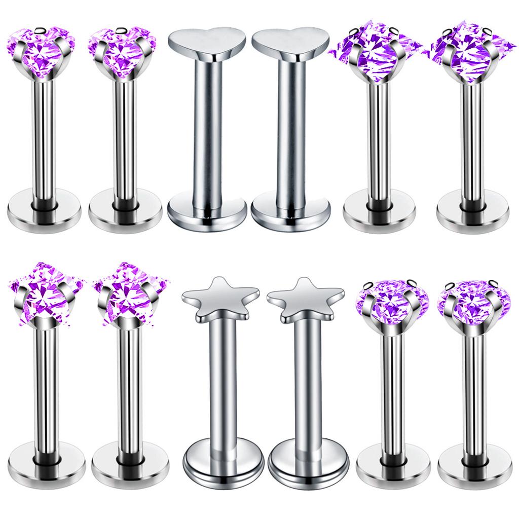 12PC Crystal Labret Piercing Set 16G Heart Tragus Piercing Earring Lot Conch Piercing Set Lip Labret Stud Pack Lobe Earring Bulk