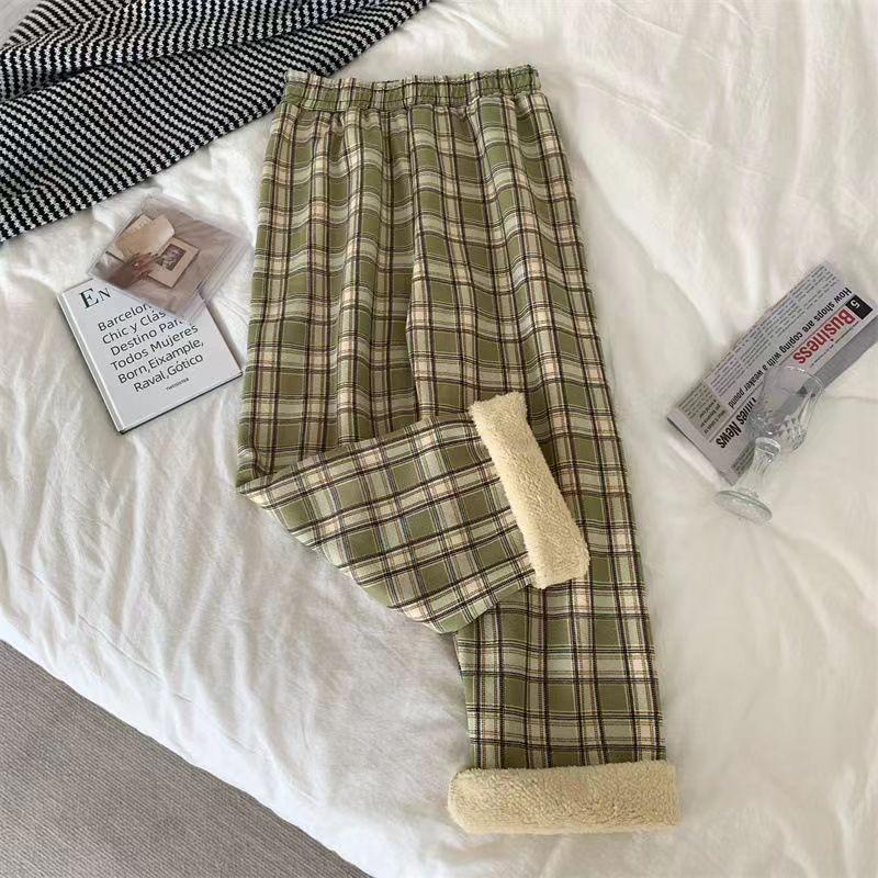 Women's High Waist Plaid Straight Pants Loose Fleece Lined Warm Casual Wide Leg Trousers For Winter Student Daily Commute Wear