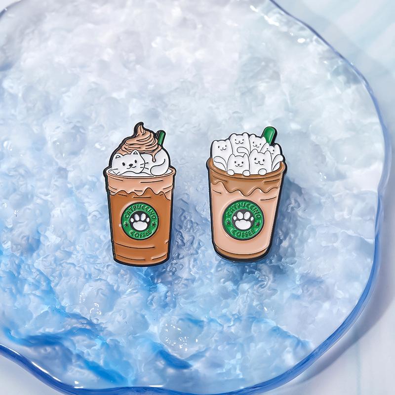 Cat On Coffee Cup Ice Cream Enamel Pin Funny Brooch Cartoons Badge For Bags Jeans Hoodies Denim Lapel Pin Jewelry Kids Best Gift