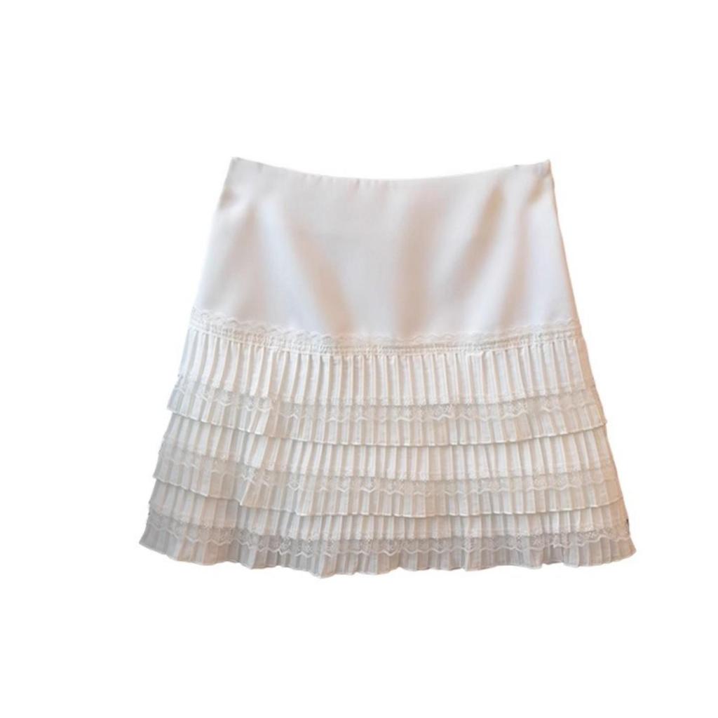 Autumn Lace Trim High Waist A-Line Pleated Skirt for Women, Plus Size, Anti-Exposure