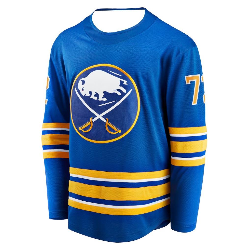 Camiseta de Hockey - Azul con Acentos Amarillos/Blancos "Thompson 72" Logo de Bisonte de Buffalo y Espadas Cruzadas Estampados HD 3D