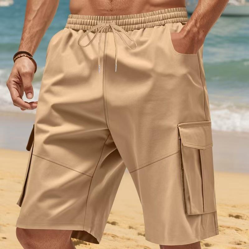 Summer Loose Men's Safari Style Shorts Multi Pockets Casual Loose Fit Straight Elastic Waist Beach Shorts