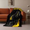 A stylized black bird entwined with yellow text and abstract line art. for all seasons blanket lunch break throw gift
