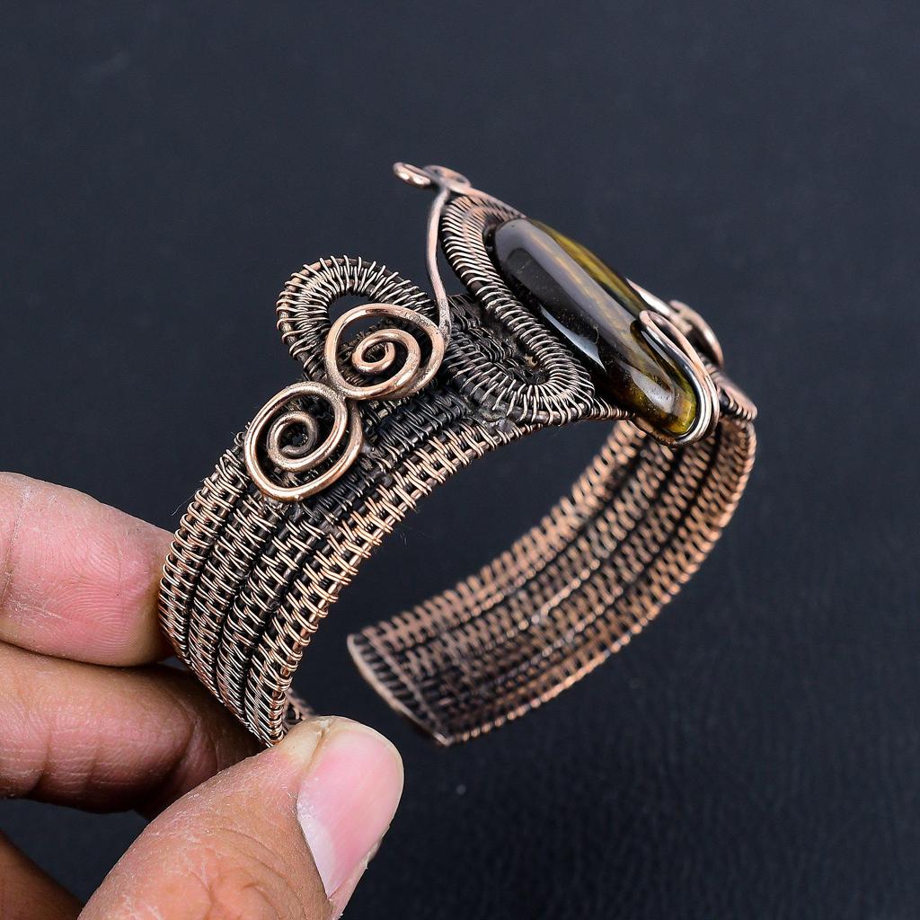 Tiger's Eye 999 Copper Wire Wrapped Silver Bangle Adjustable, Handmade Gemstone Jewelry, Gift For Mom Antique Jewelry