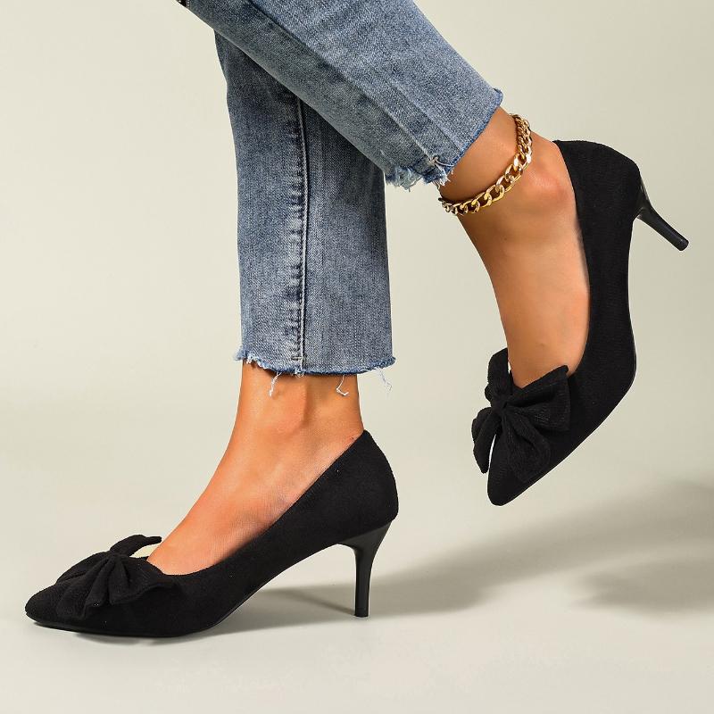 Modeschuhe für Damen 2025 Superhoher Absatz Damen Sommer-Schuhwerk Schwarz Büro Stiletto Spitzschuh mit Schleife Echtes Marken Slip-on-Schuh