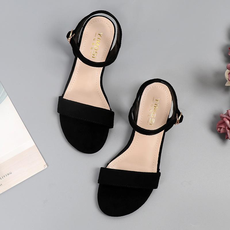 fashion Size 33-43 Summer Fashion Shoes Women  2024 Suede Shoes Square Heel Open Toe Simple Sandals Flat Roman Belt Apricot Comfortable