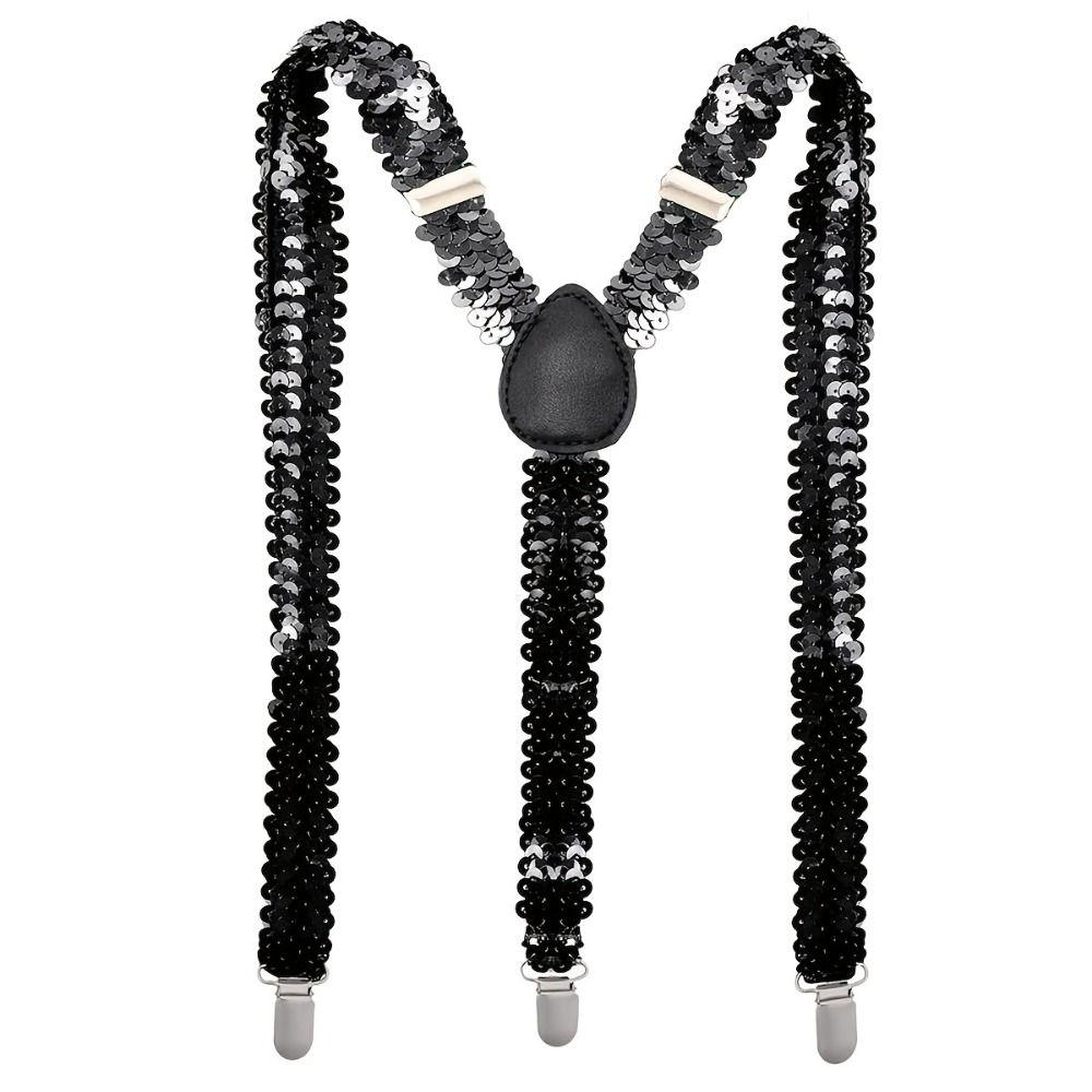 Shinning Fish Scale Sequin Suspenders Party Stage Performances Elastic Y-back Suspenders Adjustable 3-clip Metal Clip Suspenders