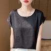 Women's Summer New Style Round Collar Temperament Dark Flower Short Sleeve All Match Short Section Top