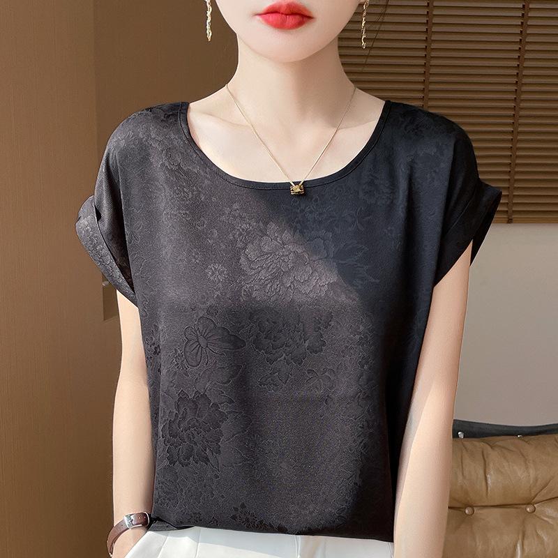 Women's Summer New Style Round Collar Temperament Dark Flower Short Sleeve All Match Short Section Top