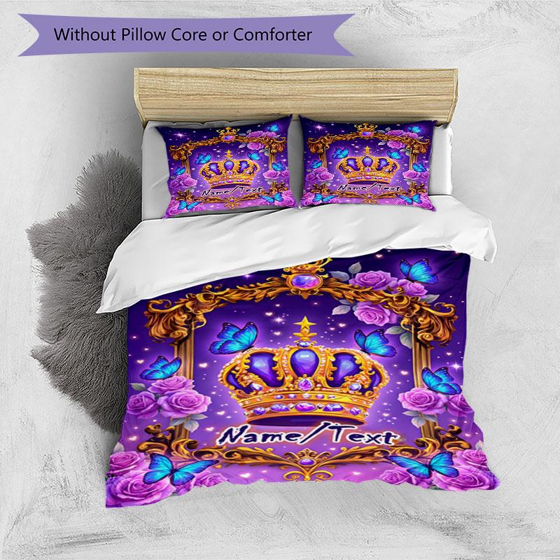 3PC Custom Name Royal Crown Butterflies Frame Bedding Set Printed  Bedding Set Duvet Cover Closure Includes 1 Duvet Cover & 200 Pillowcases for Bedroo