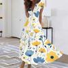 Women's Long Casual Dress Summer Short-Sleeve V-Neck Waist Retraction Printed Dress