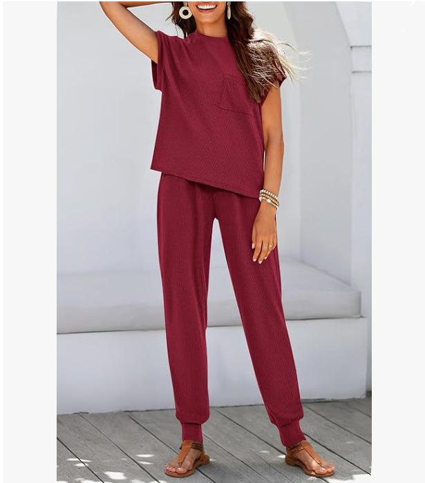 2026 Sommer Damen Zweiteiliges Gestreiftes Jogging-Set: Kurzarm-Oberteil & Lange Hose