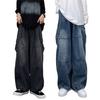 Pánské volné cargo džíny s mnoha kapsami, jednobarevné, zapínání na zip, volné, rovné, široké nohavice, podzimní džínové kalhoty, streetwear