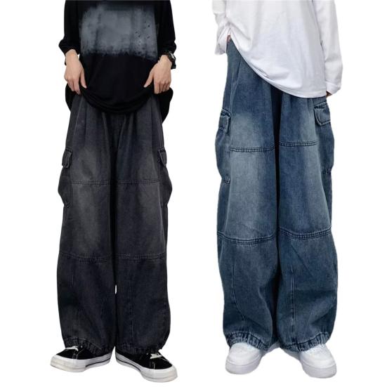 Pánské volné cargo džíny s mnoha kapsami, jednobarevné, zapínání na zip, volné, rovné, široké nohavice, podzimní džínové kalhoty, streetwear