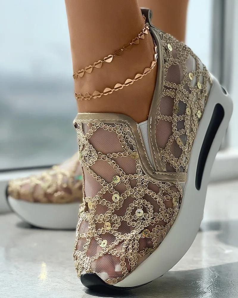 Fashion women's Muffin Sneakers Sequin Slip On Casual Shoes Round Toe Bling Bling Contrast Paneled Low Heel Sequin Slip On Sneakers