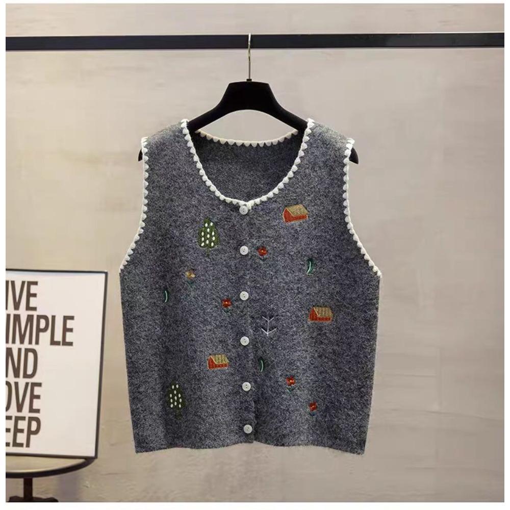2026 Autumn New Women Sweater Knitting Fashion Tops Cardigan Lady Sleeveless Embroidery Floral Vest Tank Shirt Loose Casual