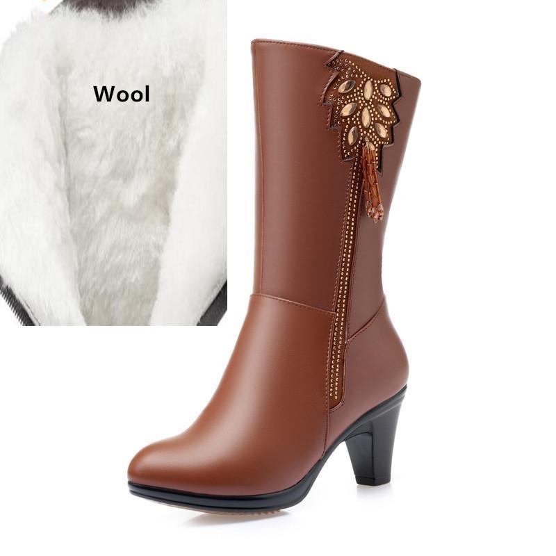 Ekte skinn Vinterstøvler av høy kvalitet Kuskinn Vinterstøvler Høyhæl Ull Varme Kvinnelige Duskstøvler