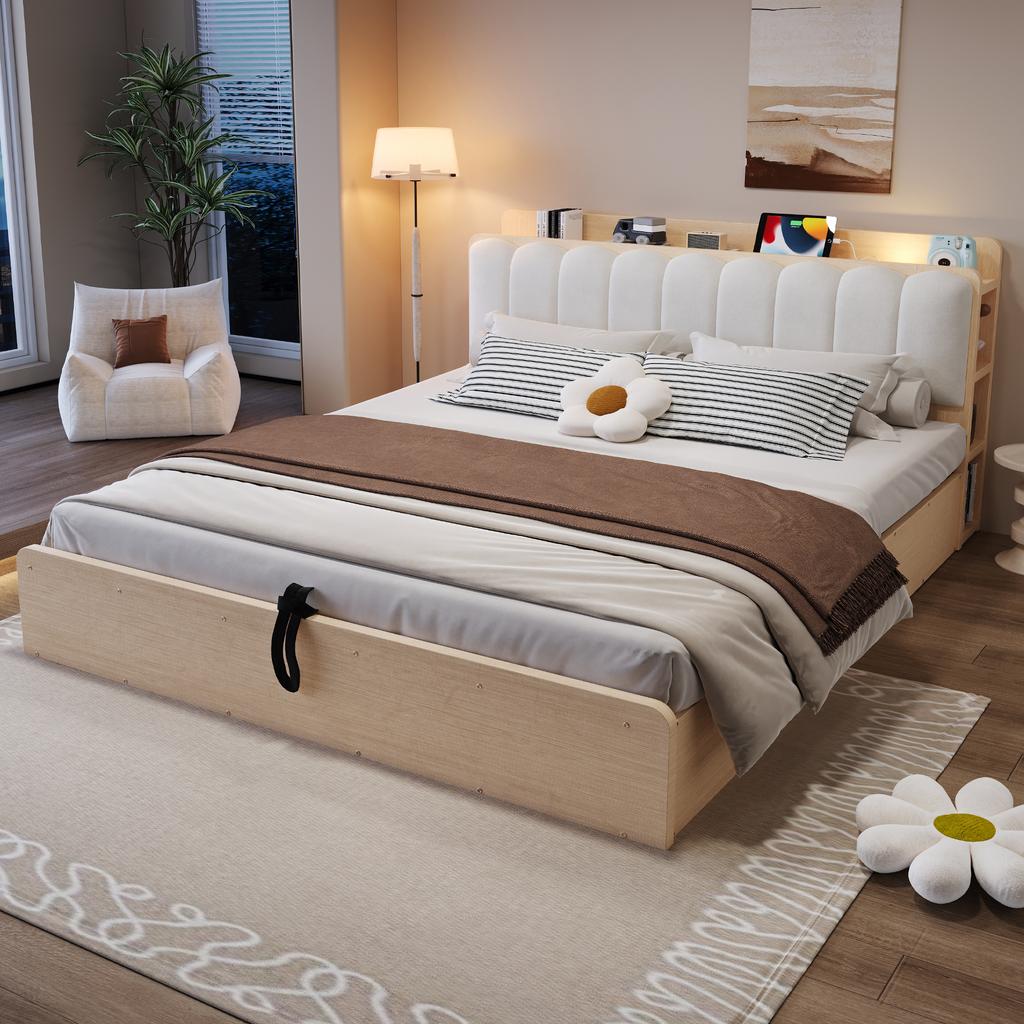 Wooden bed 180 × 200 cm, hydraulic frame, storage space, upholstered headrest, headboard, shelf, compartment, USB port, night light, wood colour