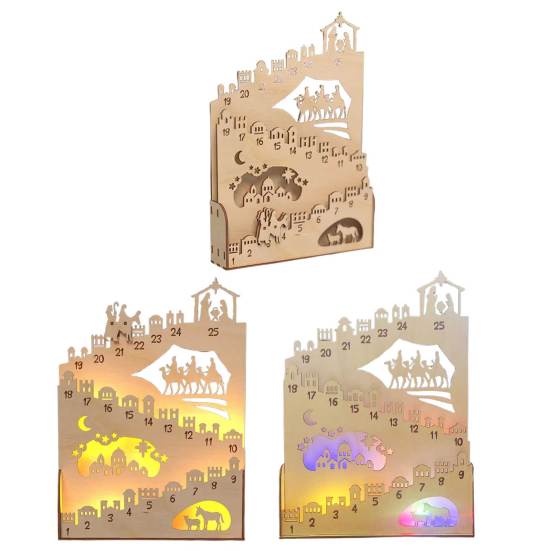 Nativity Advent Calendar Rustic Wooden Christmas Countdown Calendar Light-Up Tabletop Xmas Centerpiece for Cabinet Desk Shelf Mantel Decoration