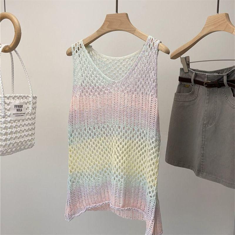 

Градиентный вязаный камизоль майка верхняя одежда женская летняя большого размера без рукавов с дырками сетчатый топ 2XL розовый