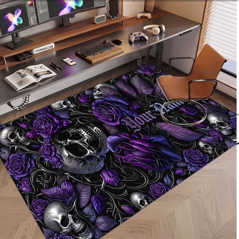 Totenkopf Gothic Thema Weicher Kristall-Samt Teppich Benutzerdefinierter Name & Text Druck Rutschfester Boden Teppich für Schlafzimmer Wohnzimmer