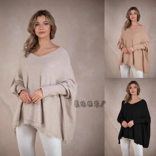 Autumn and winter European and American popular pullover sweater solid color loose top one-neck knitted sweater