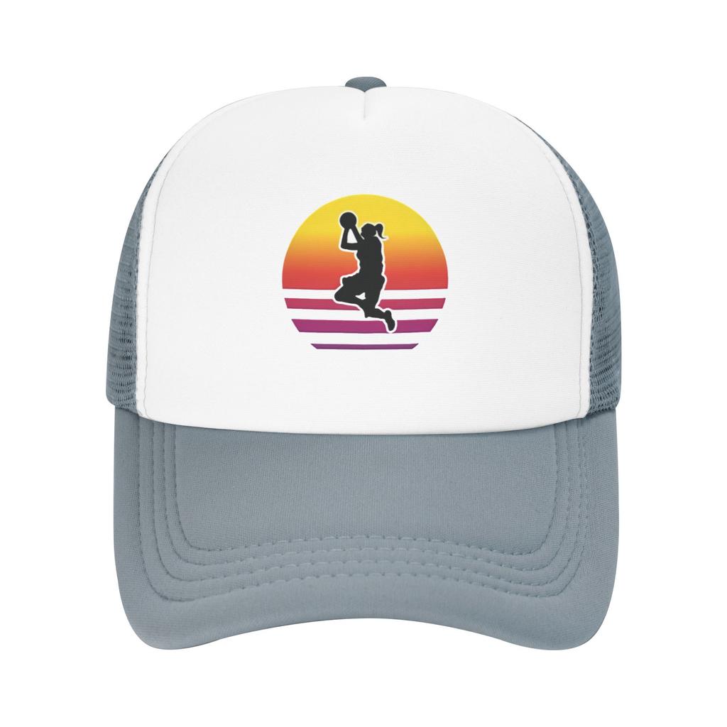 Basketball Girl Sunset Retro Graphic Trucker Hat Adjustable Casual Polyester Mesh Cap for Adults