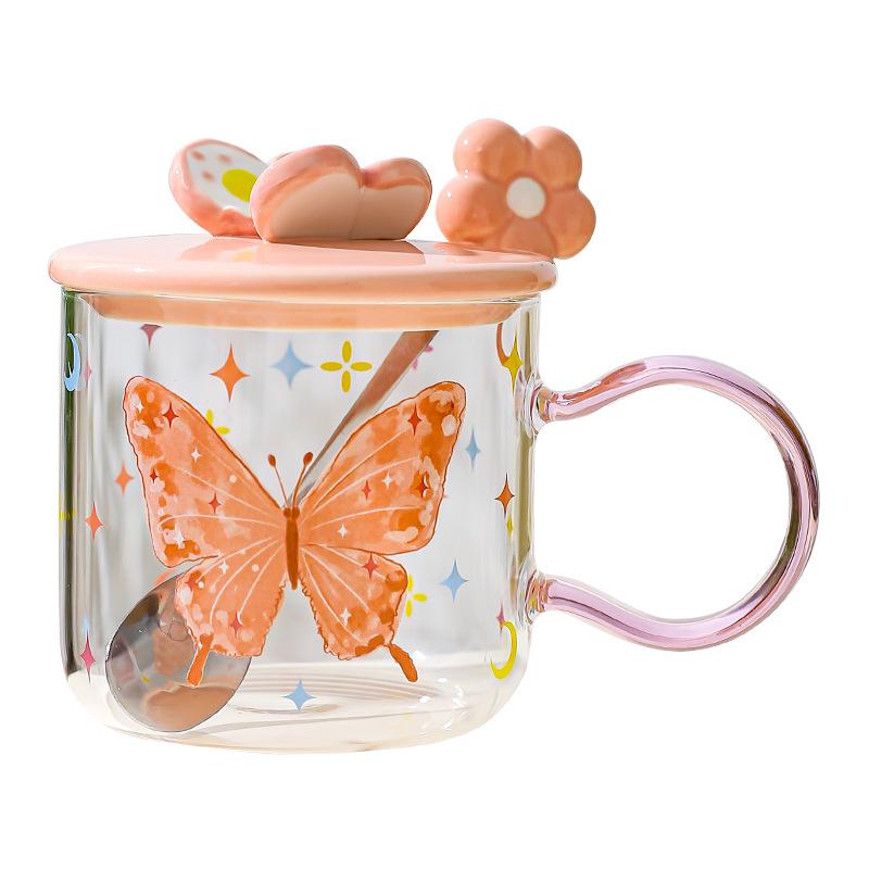 Cute Butterfly High Borosilicate Glass Cup Gift High Value Pink Girl Heart Water Cup Mug with Lid Spoon