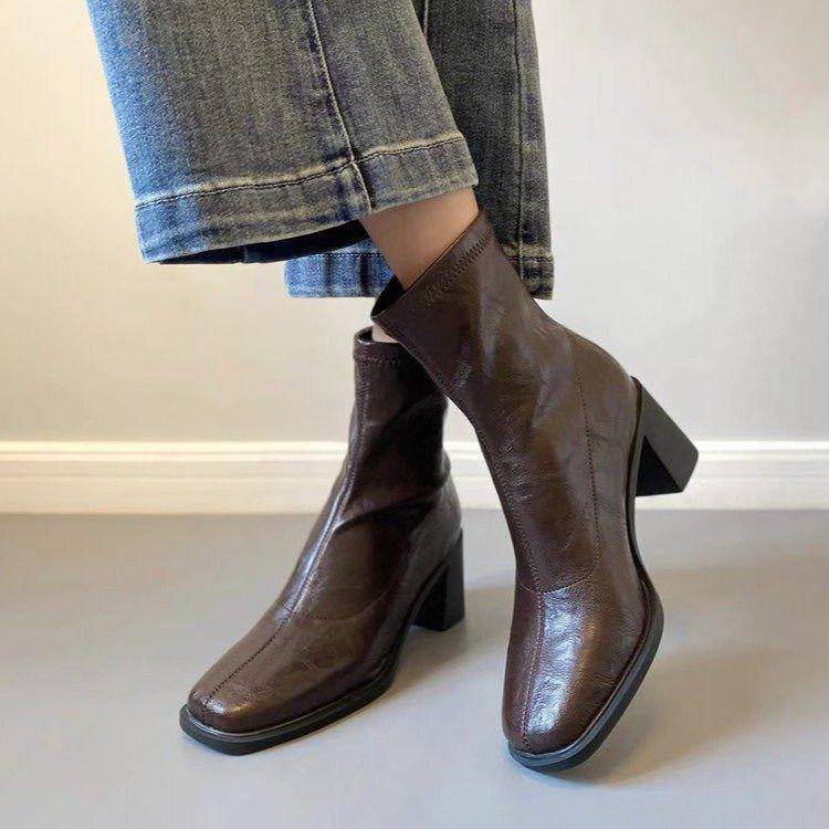 French Soft Leather Chunky Heel Women's Ankle Boots - Retro Square Toe, High Heel, Elastic Slimming, Plus Velvet, Autumn/Winter 2025 Collection.