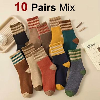 10 Double Autumn Winter Women Thick Middle Tube Socks Comfortable Warm Fashionable Striped Casual Terry-Loop Socks