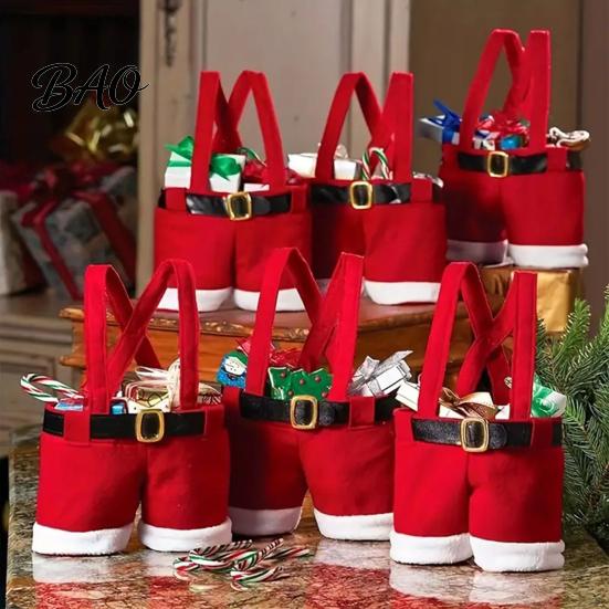 Thickened Cloth Gift Carriers Christmas Santa Pants Bag, Red Plush Candy Tote with Handles Large Capacity Snack Bags for Wine Bottle, Holiday