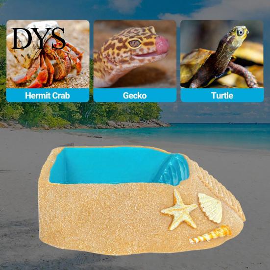 Hermit Crab Water Dish Beach Pool Habitat Ornament with Climbing Ramp & Starfish Shell Simulation Swimming Conch Decor, Reptile Decoration for