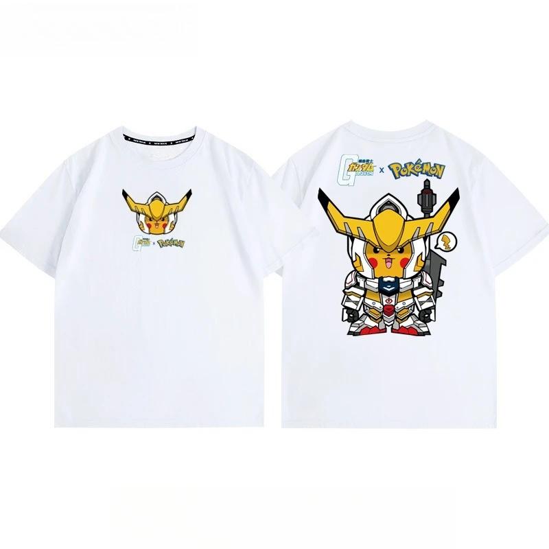 Pokémon Joint Mobile Suit Gundam Cartoon Short Sleeve Top Anime Peripheral Mens and Womens Summer TShirt Top Clothing