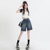Retro Blue Denim Shorts for Women, Summer 2026, Lightweight, Straight-Leg, Loose, High-Waisted, Slimming, Versatile Mid-Length Pants