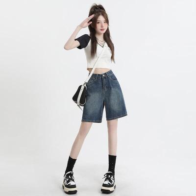 Retro Blue Denim Shorts for Women, Summer 2026, Lightweight, Straight-Leg, Loose, High-Waisted, Slimming, Versatile Mid-Length Pants