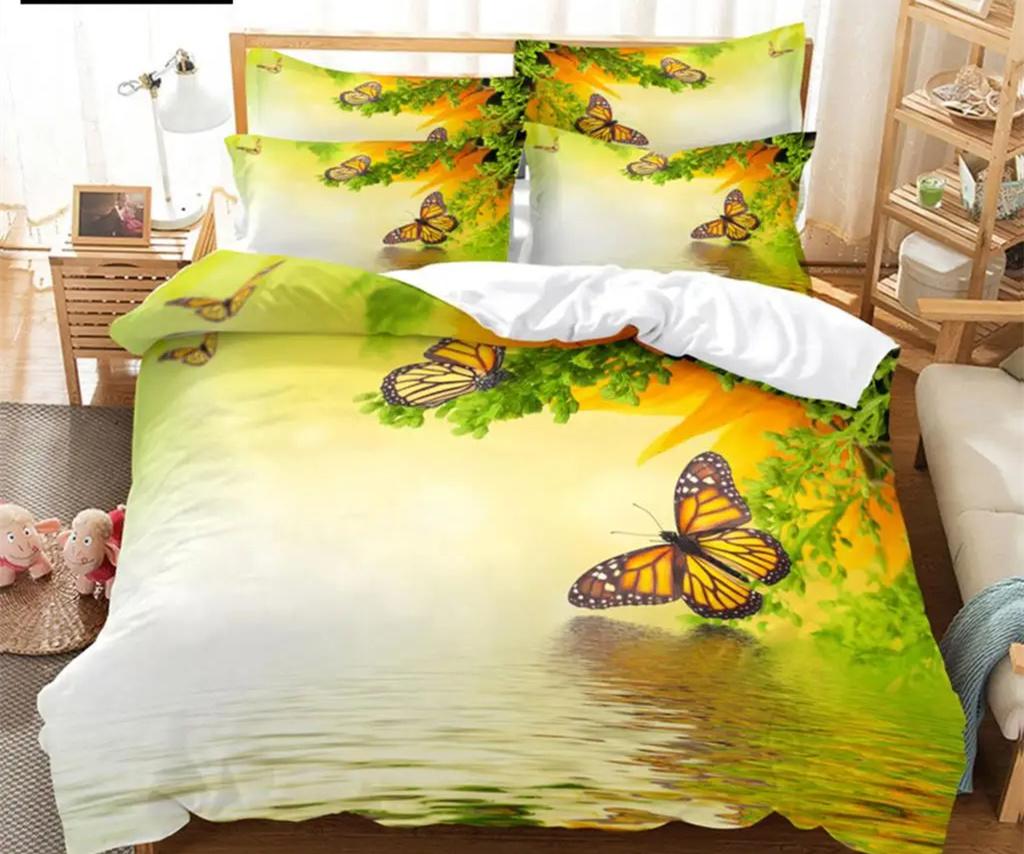 Blue Butterfly Duvet Cover Set King Queen Twin Size Double Bed Single 3D Queen Bedding Sets Pink Quilt Cover with 2 Pillowcases
