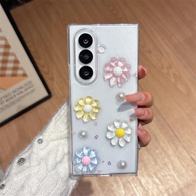 

3D Daisy Flower Glitter Clear Case For Samsung Galaxy Z Fold 7 6 5 4 Cute Floral Pearl Shockproof Cover With Pink Beads Wrist St For Z Fold7
