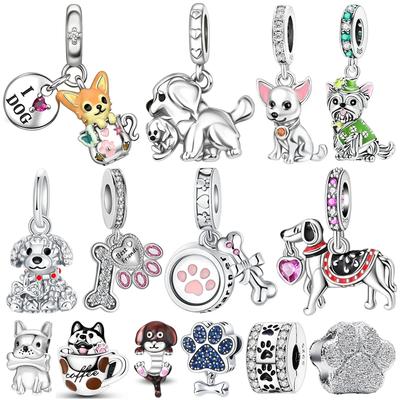 Cute 925 Silver Cartoon Dog Charms Pendant Earrings DIY Bracelet Necklace Fine Jewelry Gift for Women Girls