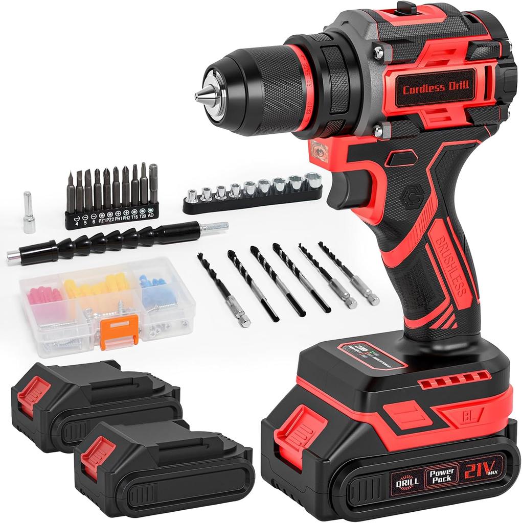 21V Cordless Brushless Drill Set, 2x2.0Ah Batteries, 3/8' Metal Chuck, 25+1 Torque, 2 Speed, 87PCS DIY Home Repair Tool Kit