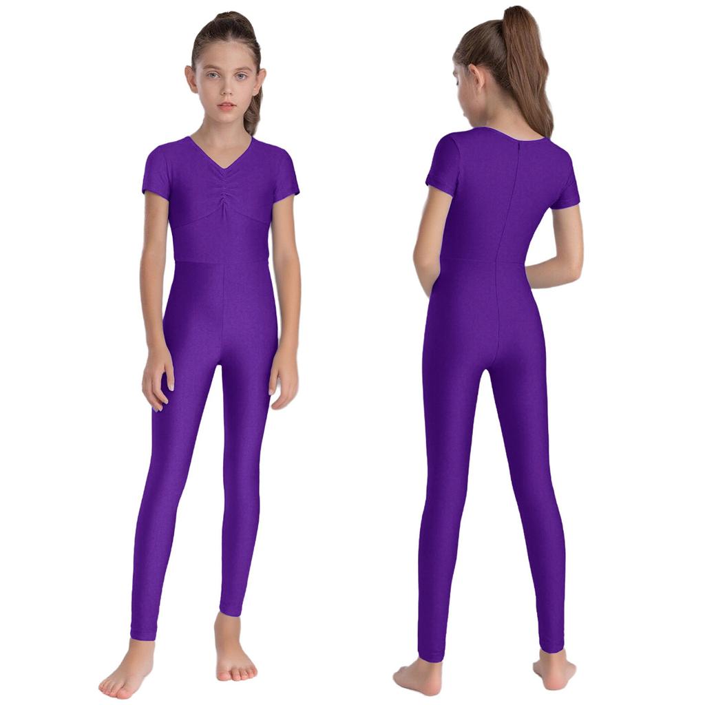 Mädchen Gymnastik Tanz Jumpsuit Raffung vorne V-Ausschnitt Kurze Ärmel Hinten Unsichtbarer Reißverschluss Eiskunstlauf Ballett Bodysuit
