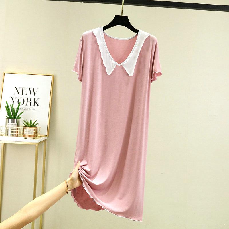 Modal Cotton Doll Collar Nightdress - Short Sleeve, Medium-Long, Loose Fit for Women