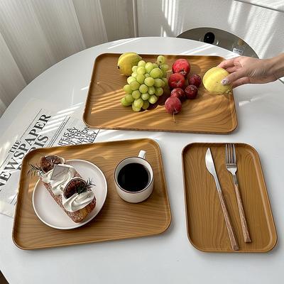 Plastic Serving Tray Home Tea Fruit Dessert Tray Wooden Pattern Plastic Food Cooking Storage Tableware Plate Tray Kitchenware