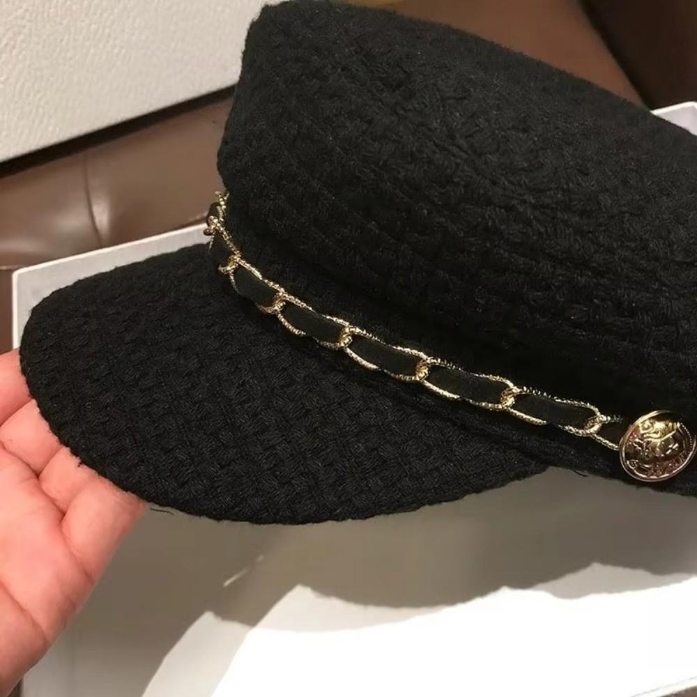 Fashion Spring/Autumn Women Beret Hat Flat-Top Chain Decoration Navy Cap Adjustable Octagonal Hat Duckbill Cap